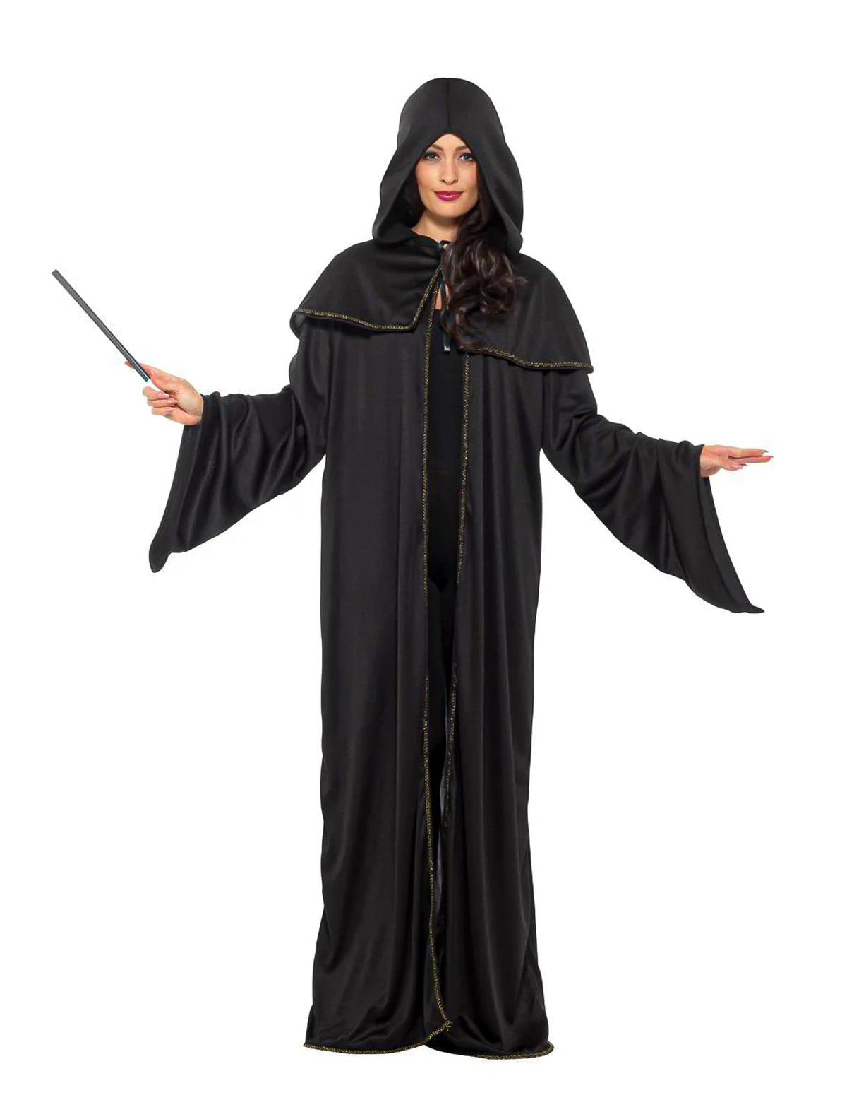 Vue de face avec baguette magique de la cape étudiant sorcier pour homme