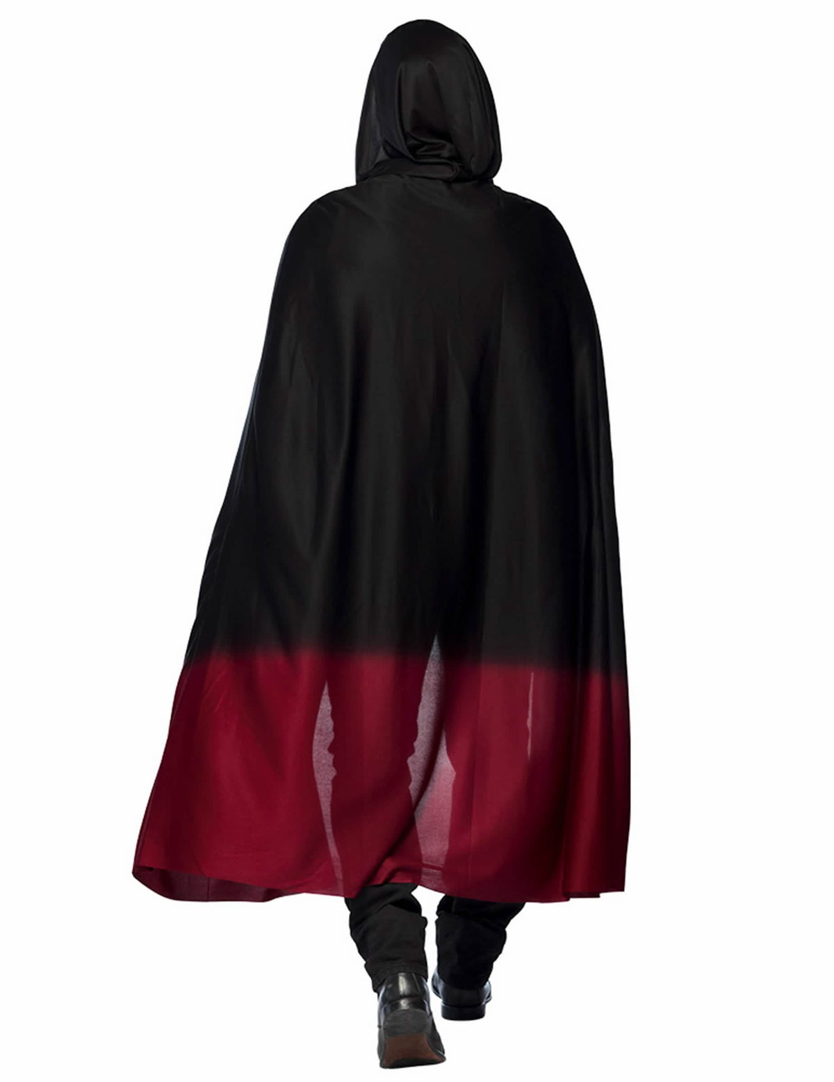 Pogled od zadaj na črno halloween pelerino za odrasli z rdečim prelivom