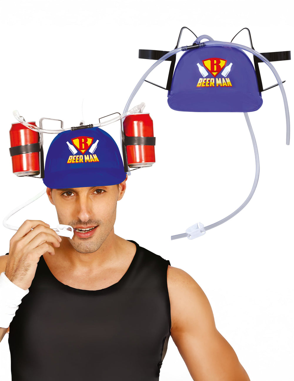 Vue de face portée du casque anti-soif beerman pour adulte