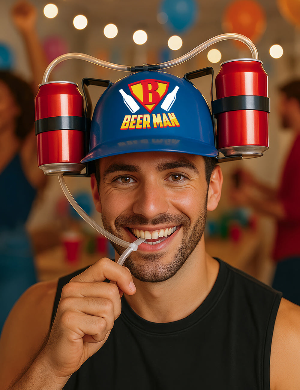 Gros plan sur le système de paille du casque anti-soif beerman pour adulte
