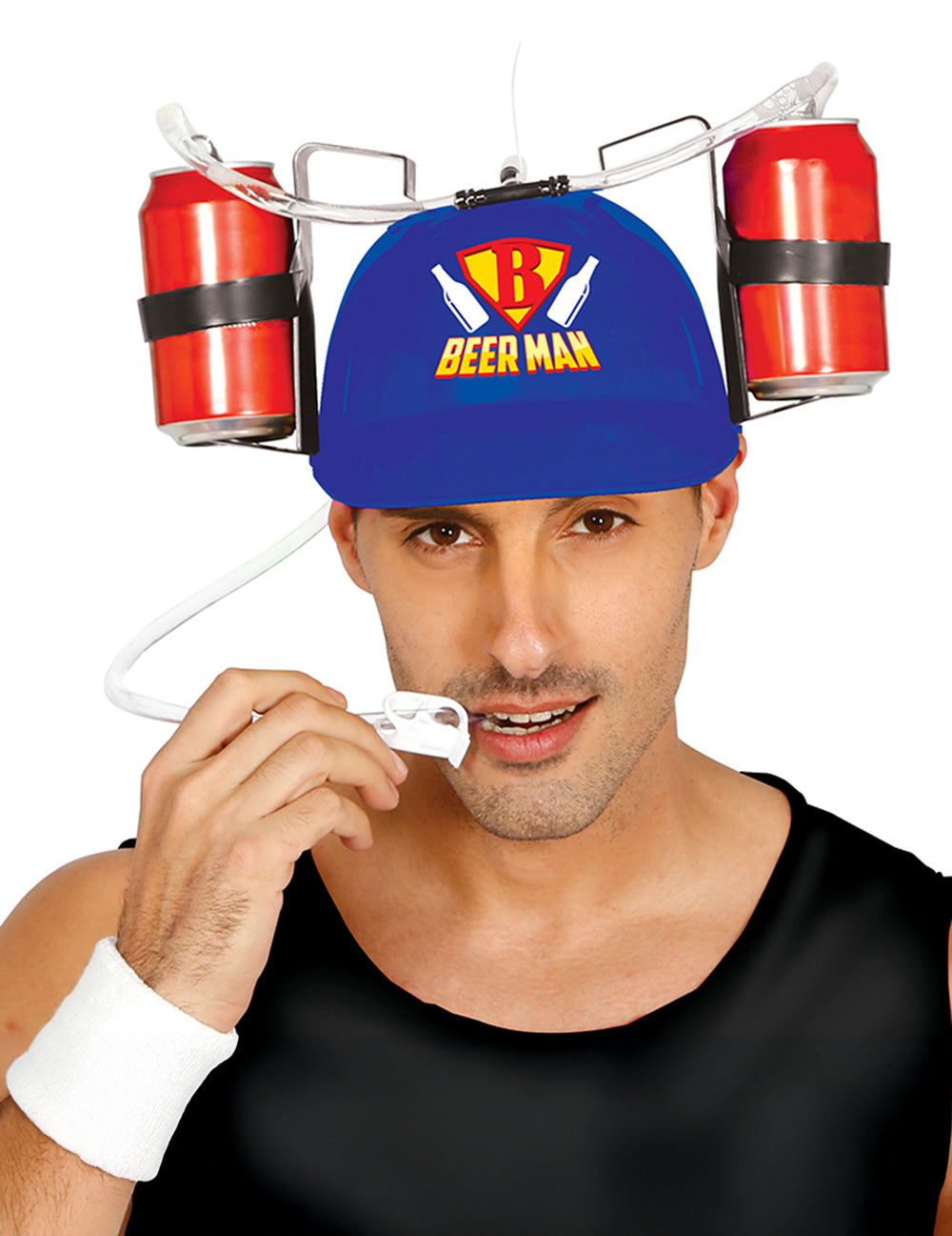 Casque anti-soif beerman pour adulte bleu avec porte-cannettes rouges