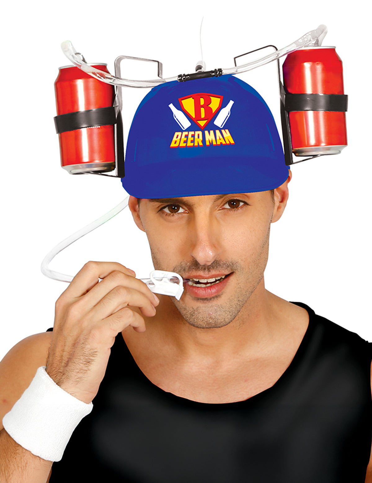Casque anti-soif beerman pour adulte bleu avec porte-cannettes rouges