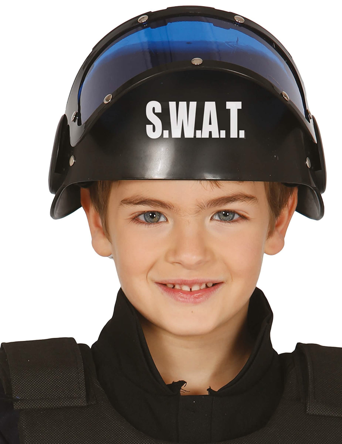 Pogled od spredaj na čelado z vizirjem SWAT za otrok