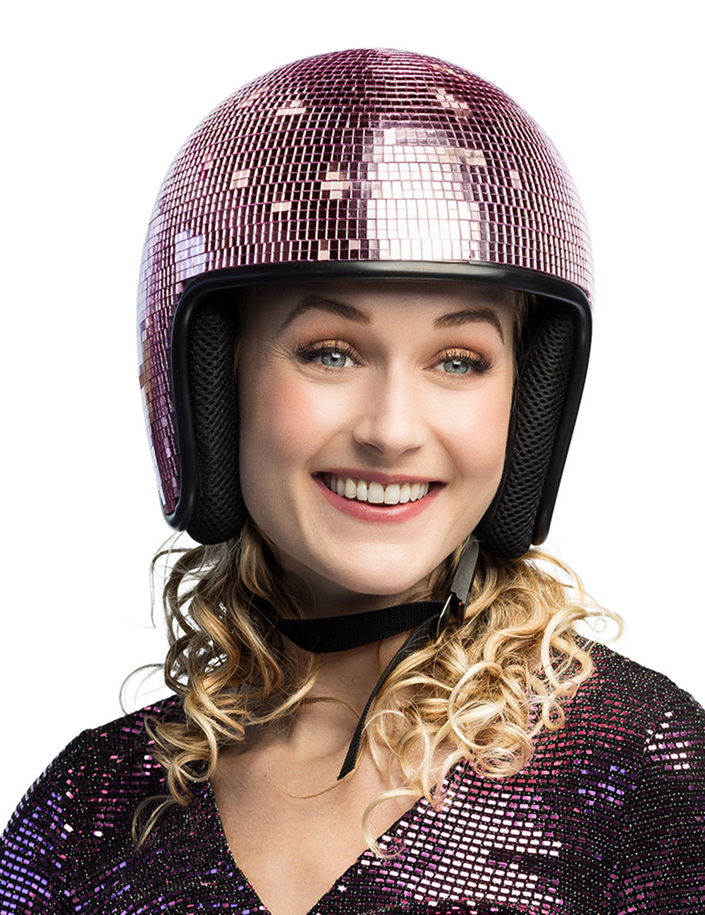 Vue de face du casque boule à facettes pour adulte rose