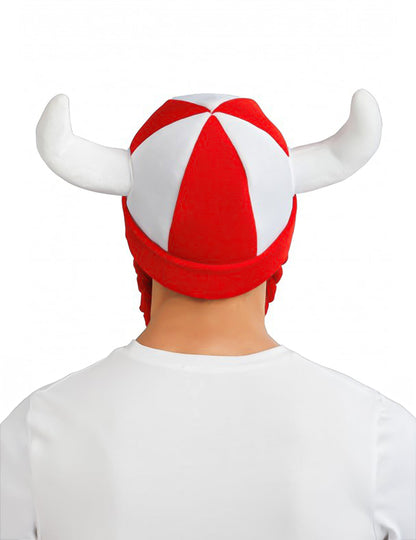 Casque en tissu avec cornes et tresses supporter blanc et rouge