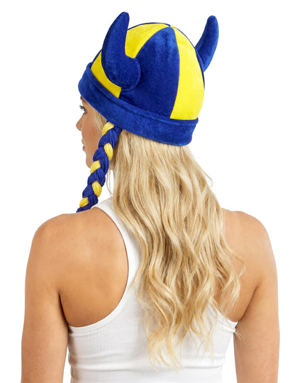 Casque en tissu avec cornes et tresses supporter bleu et jaune Suède