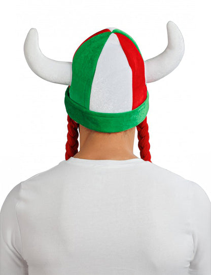 Casque en tissu avec cornes et tresses supporter vert blanc rouge Italie