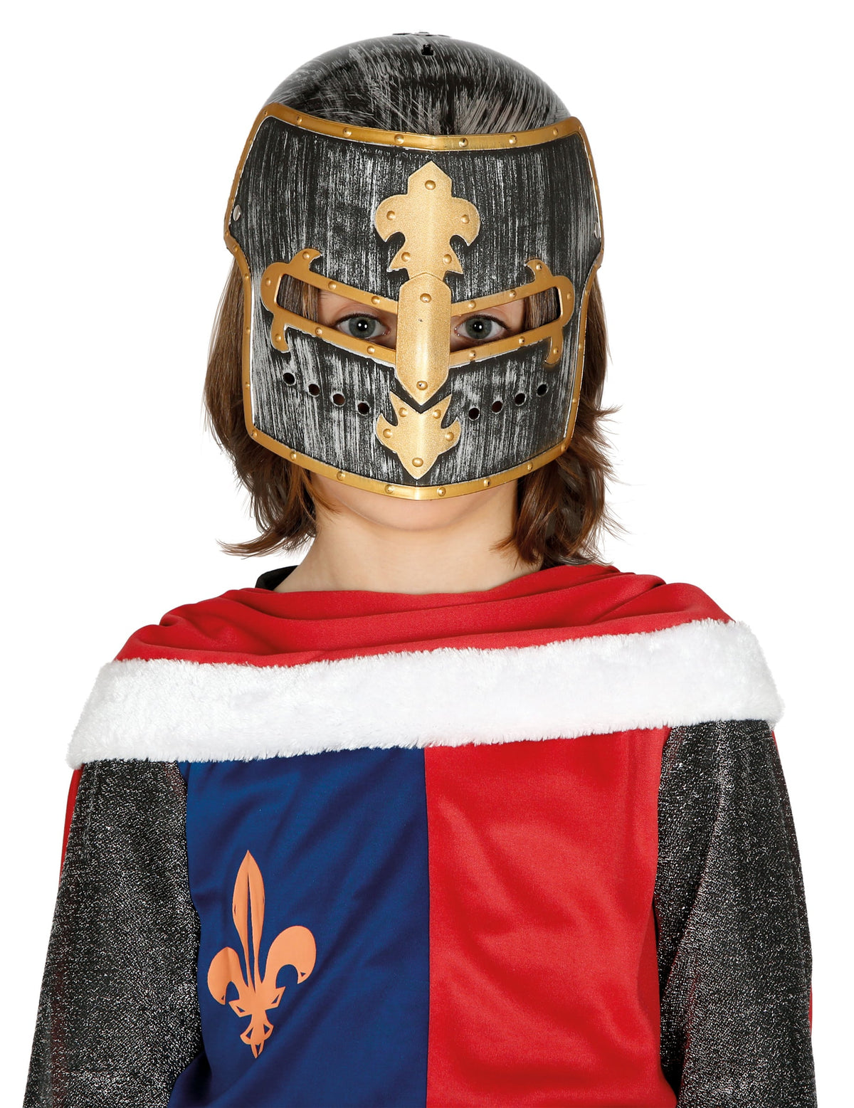 Casque chevalier médiéval pour enfant noir et doré avec fleur de lys