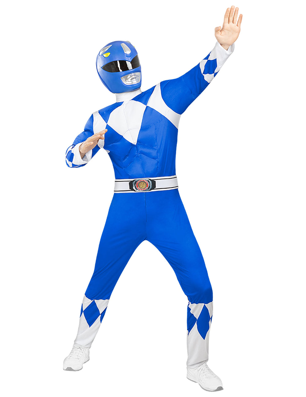 Vue d'ensemble du casque Power Ranger porté avec le déguisement bleu