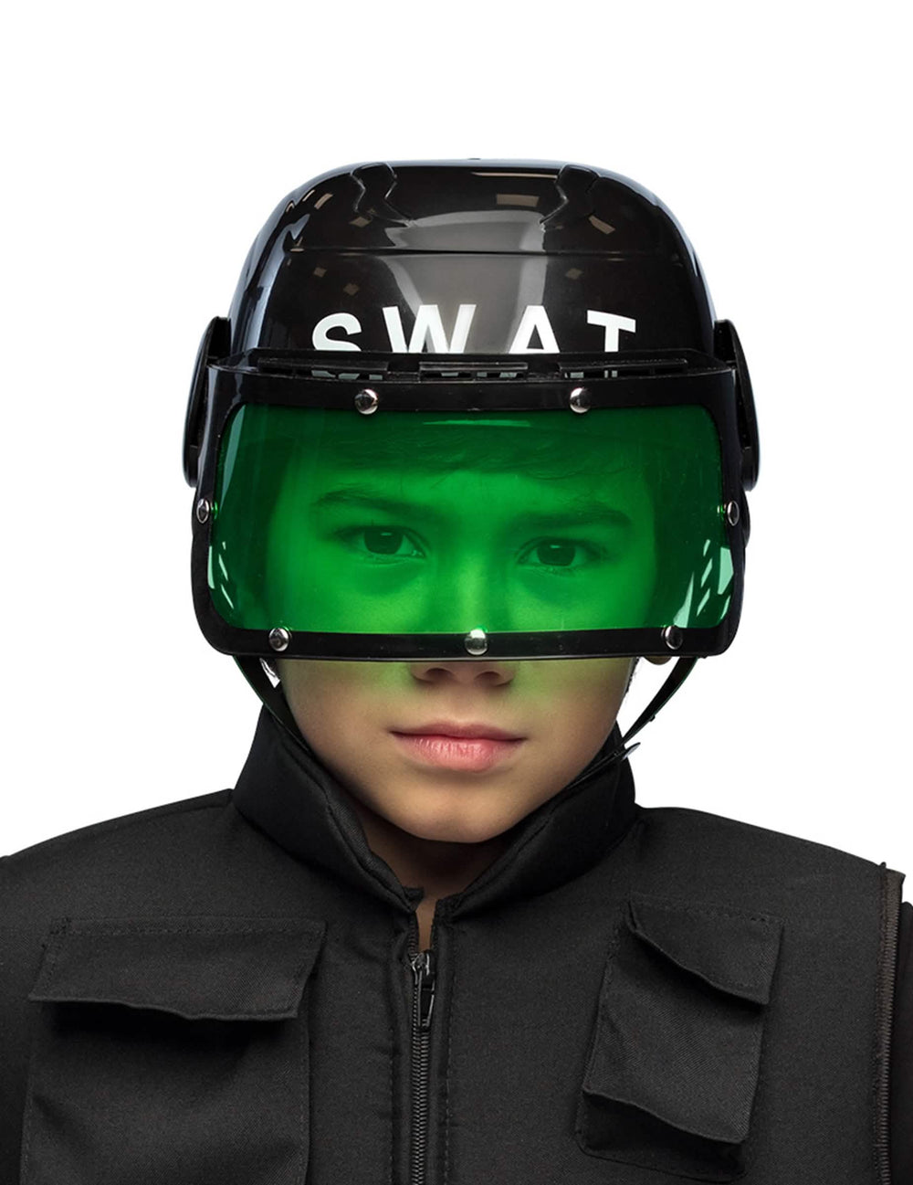 SWAT čelada za otrok črna z zelenim vizirjem