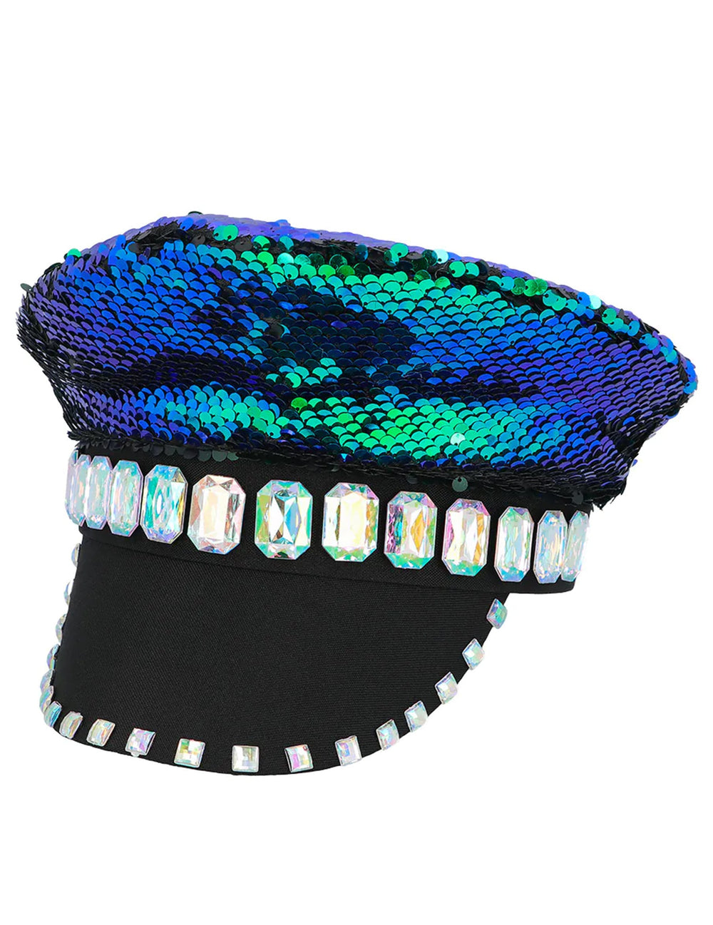 Vue de profil de la casquette à sequins réversibles noir et vert bleuté pour adulte