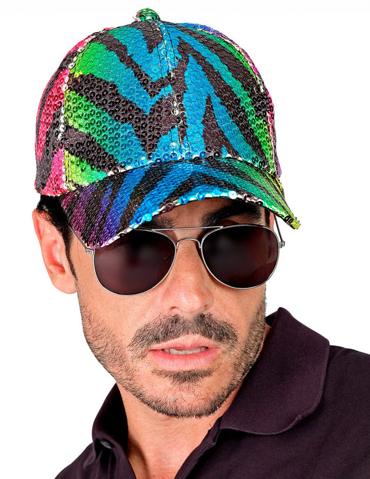 Vue de face de la casquette à sequins tigrée pour adulte multicolore