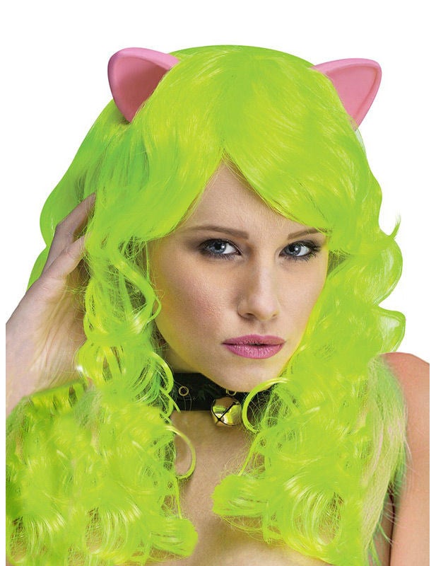 Perruque fantaisie avec oreilles de chat pour femme vert néon et rose