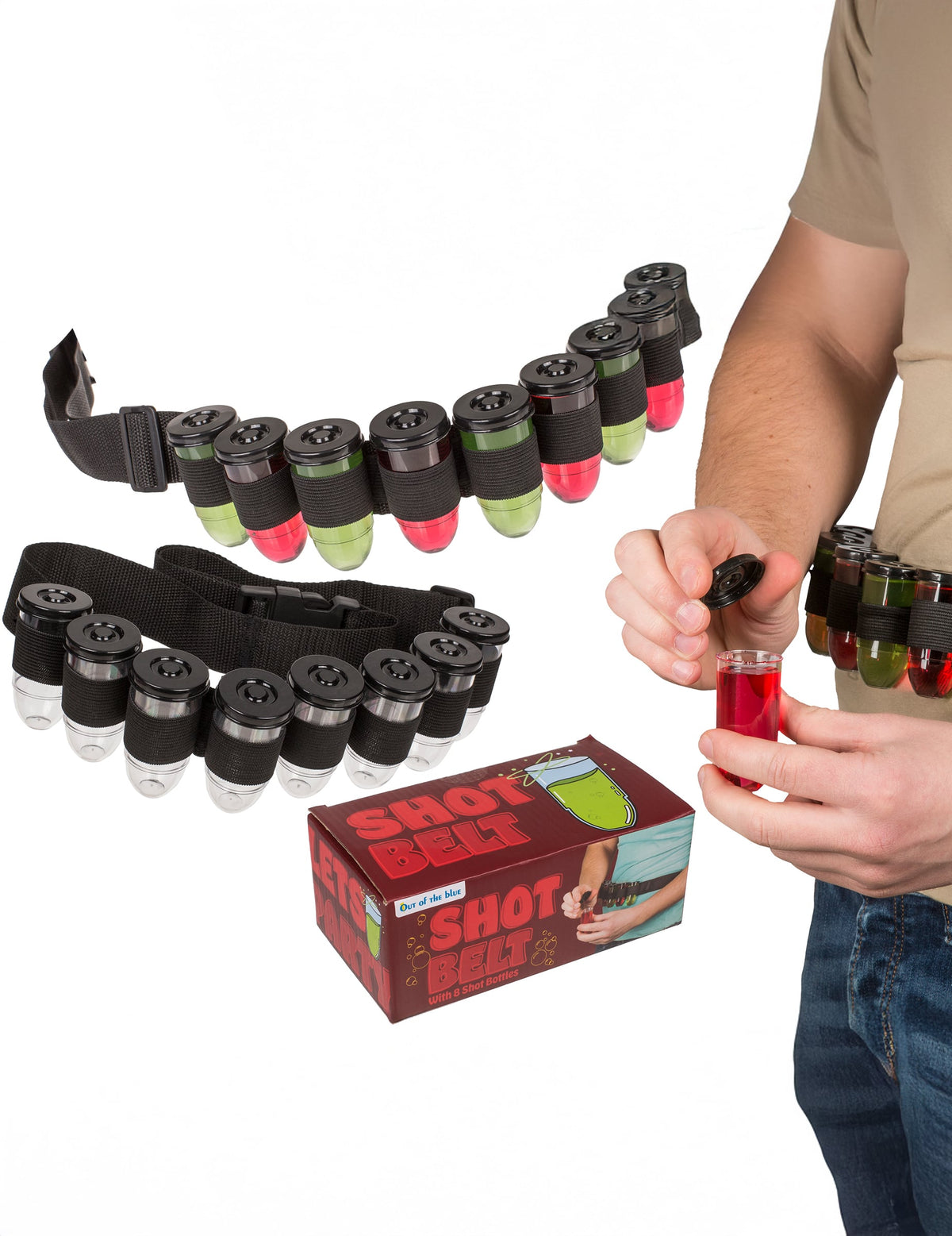 Détails de l'utilisation et du packaging de la ceinture à shooters pour adulte