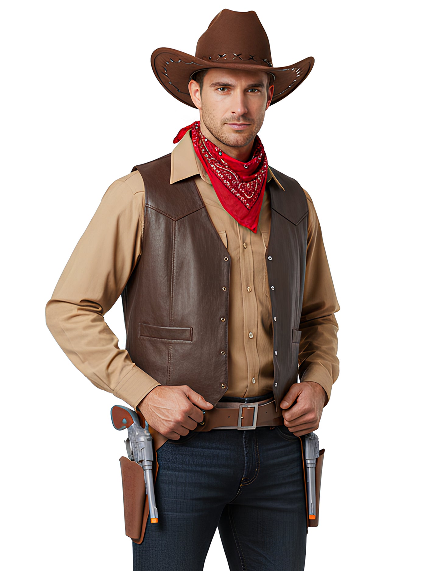 Vue de face de la ceinture de cowboy avec holster et 2 pistolets