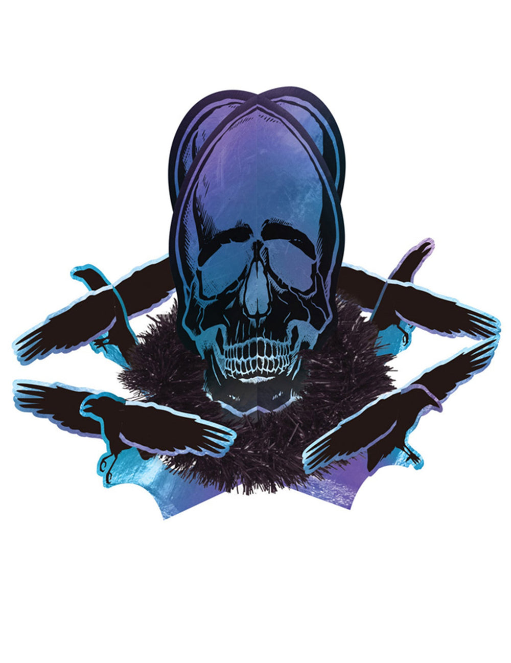 Centre de table Boneshine Fever violet et bleu avec tête de mort et corbeaux noirs