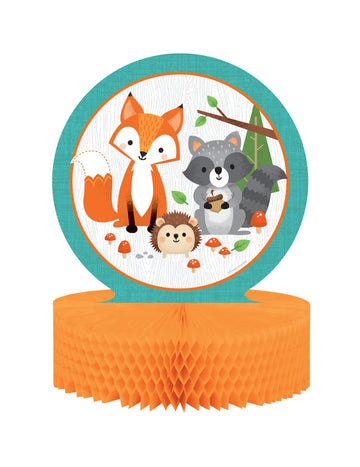 Centre de table en papier alvéolé animaux de la forêt pour anniversaire orange avec renard et hérisson