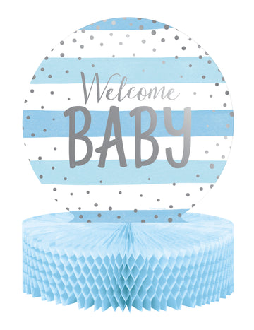 Modro-bela papirnata osrednja dekoracija v obliki satja, vzorec "Dobrodošel dojenček", 23 x 30,5 cm cm