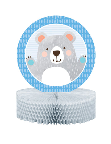 Centre de table en papier alvéolé petit ours pour baby shower gris et bleu