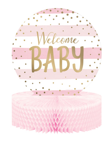 Osrednji okrasek iz roza in belega satjastega papirja, dobrodošli, dojenček