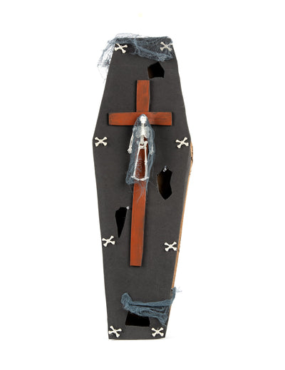 Cercueil avec croix Halloween pour décoration noir avec squelette et voile