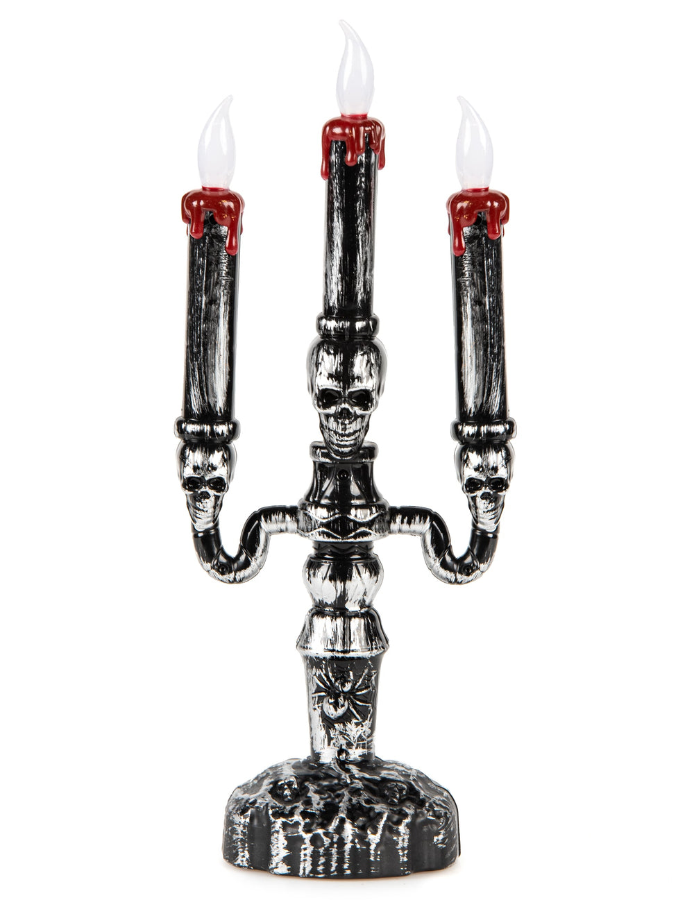 Chandelier à 3 branches LED Halloween pour décoration argent et noir avec têtes de mort et cire rouge