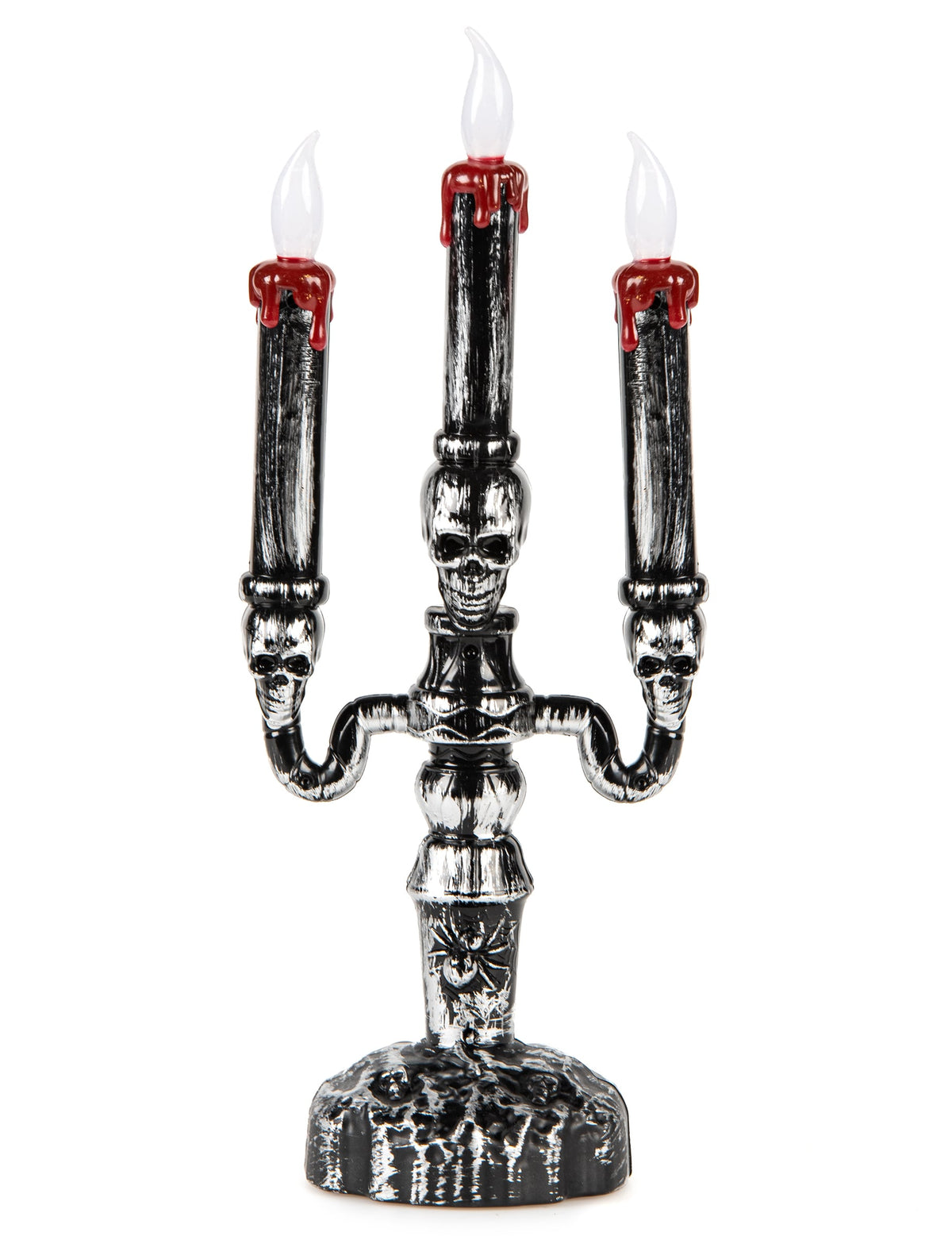 Chandelier à 3 branches LED Halloween pour décoration argent et noir avec têtes de mort et cire rouge