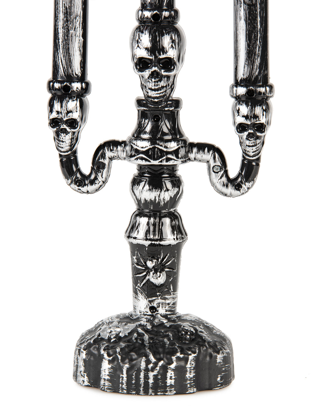 Détail du socle avec araignée et têtes de mort du chandelier à 3 branches LED Halloween