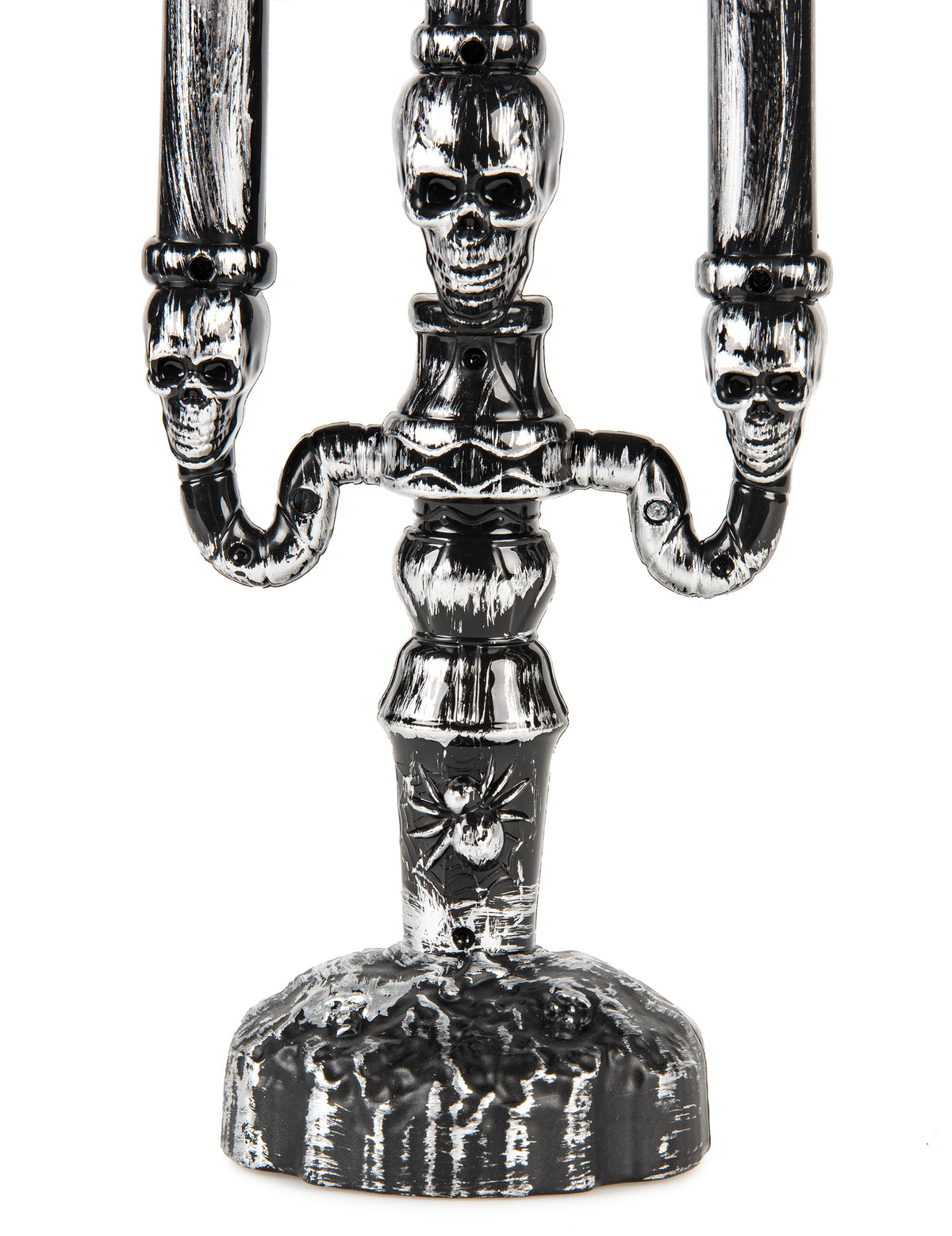Détail du socle avec araignée et têtes de mort du chandelier à 3 branches LED Halloween