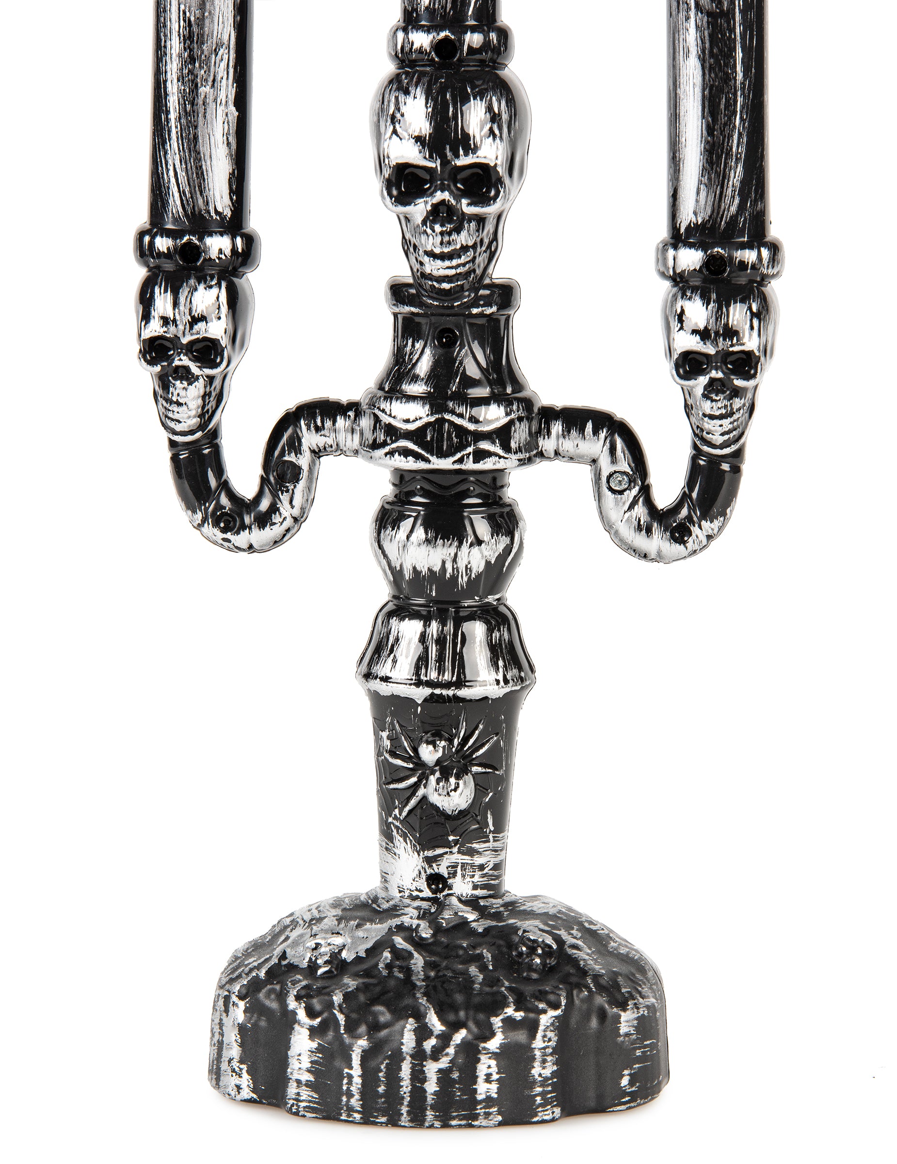 Détail du socle avec araignée et têtes de mort du chandelier à 3 branches LED Halloween