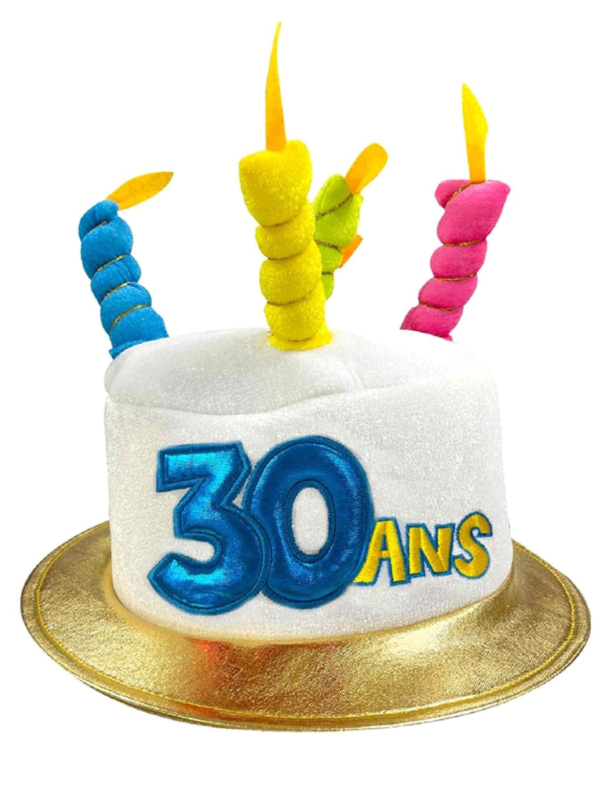 Chapeau Age 30 pour adulte blanc et doré avec bougies colorées
