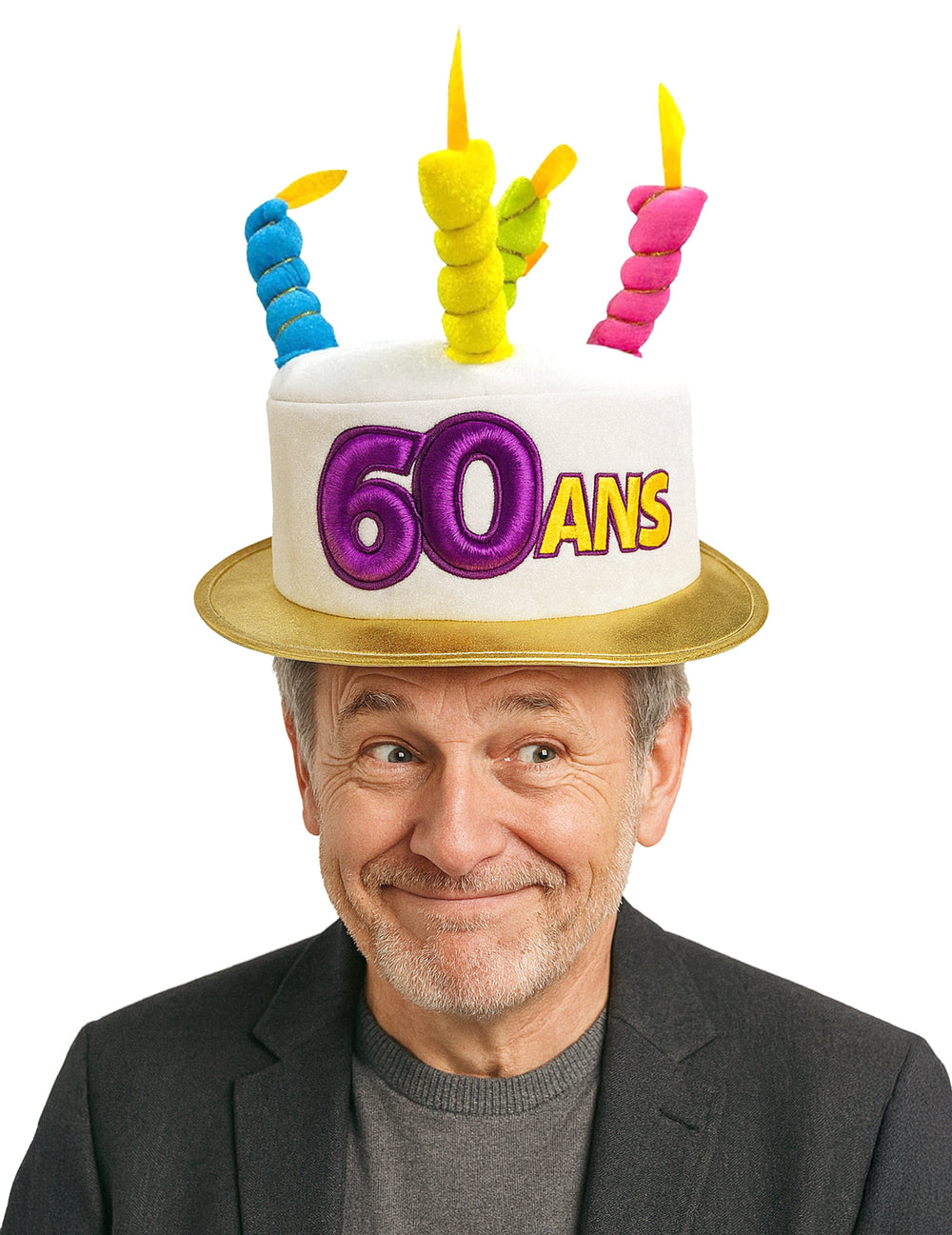 Chapeau gâteau 60 ans pour adulte blanc avec bougies multicolores