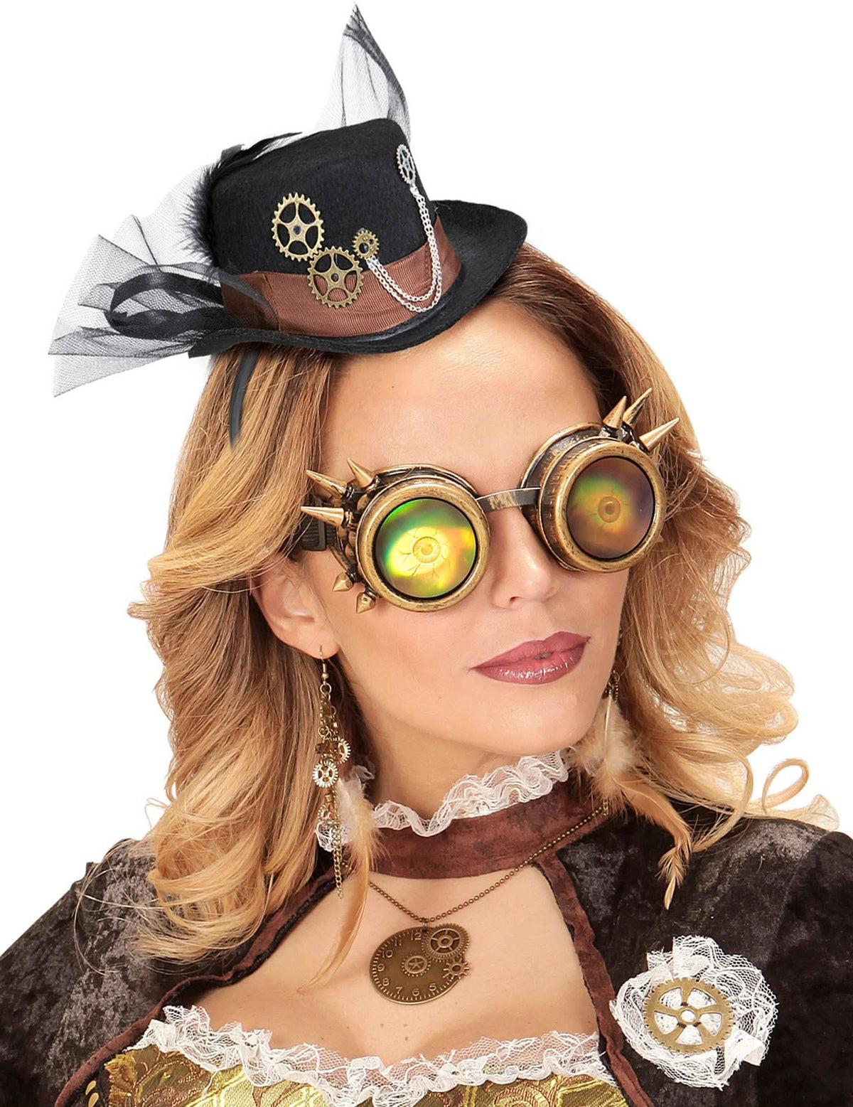 Klobuk s tančico steampunk za odrasli črna z zobniki in verigo