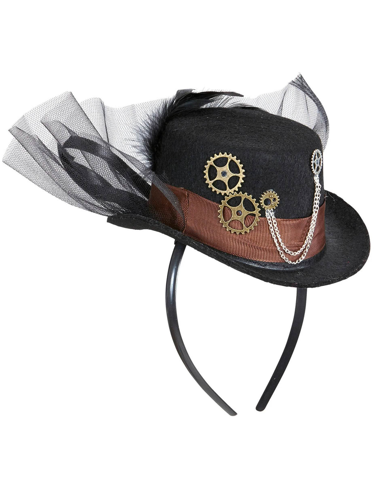 Pogled s profila na steampunk klobuk s tančico za odrasli