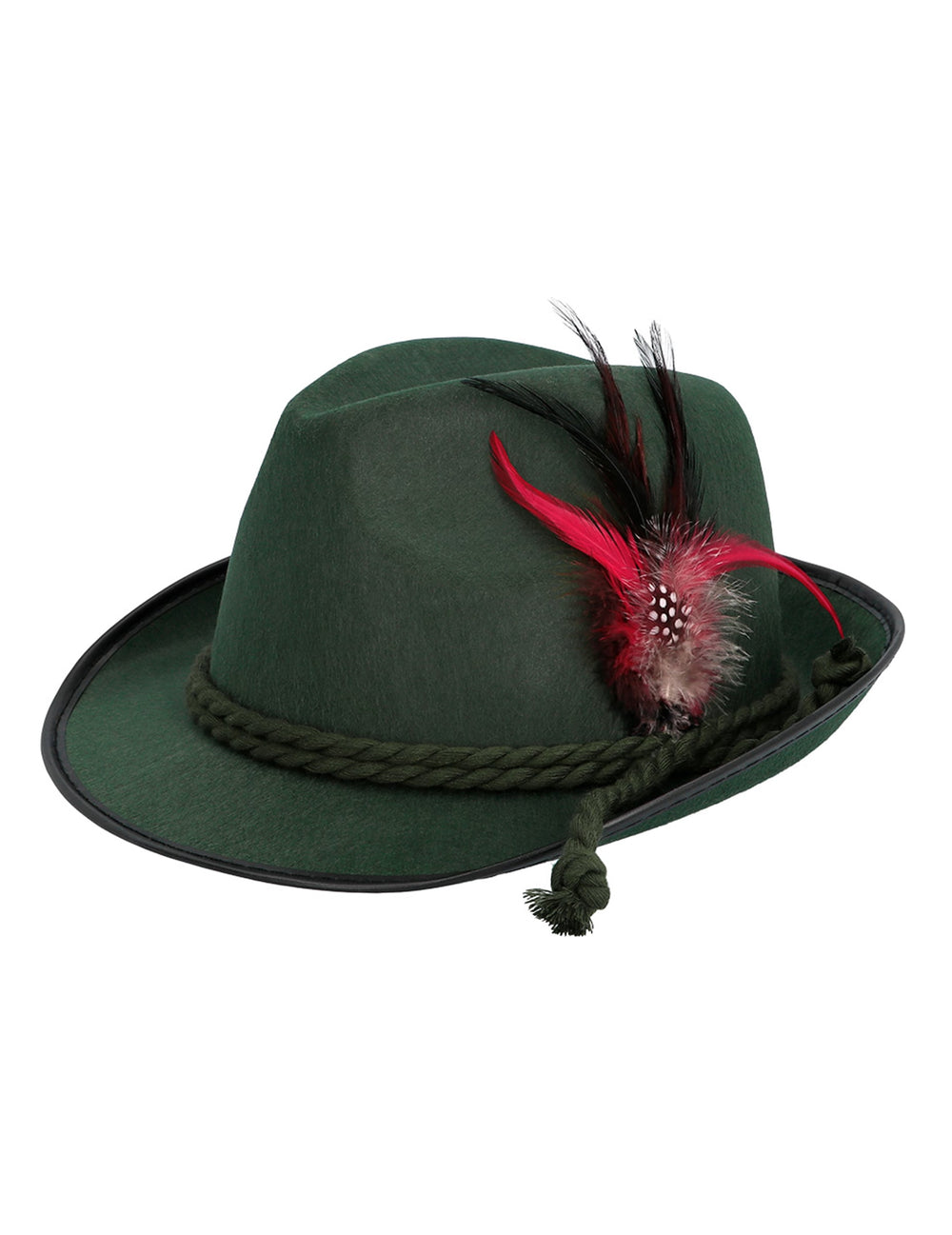 Chapeau bavarois pour adulte vert foncé avec plumes rouges et noires