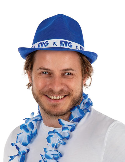 Chapeau EVG pour adulte bleu avec ruban blanc imprimé