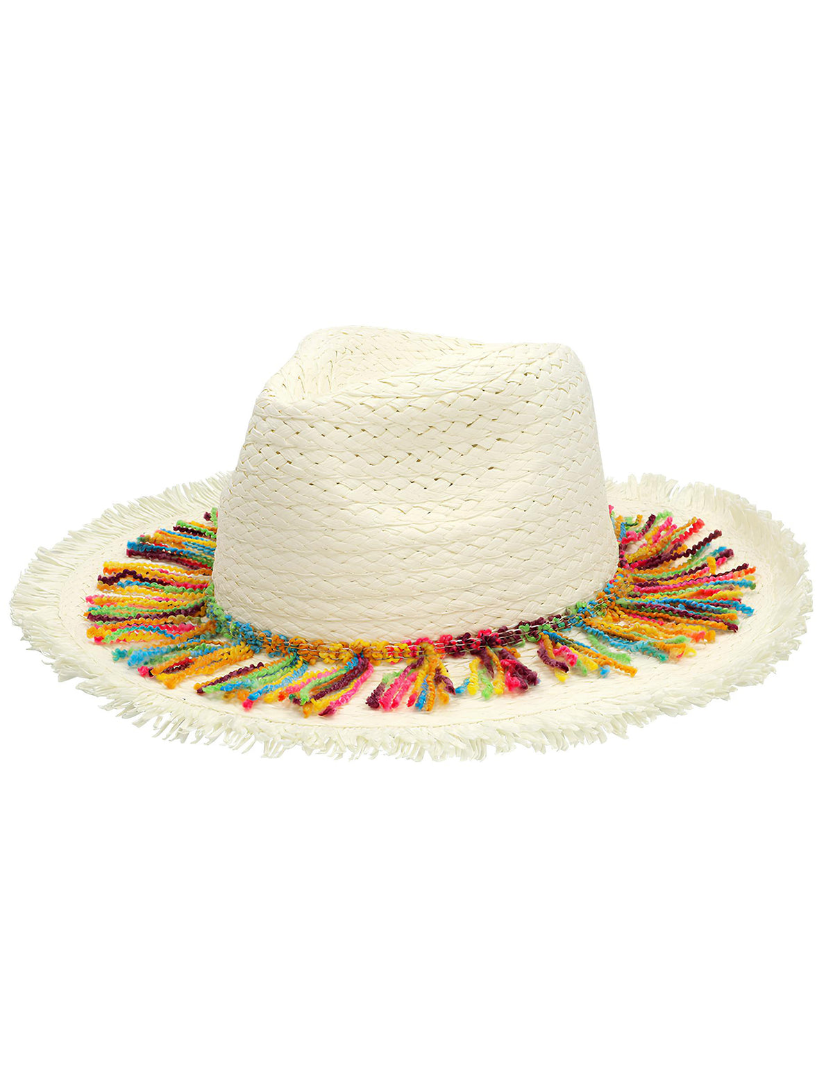 Détail des pompons multicolores du chapeau bohème pour adulte
