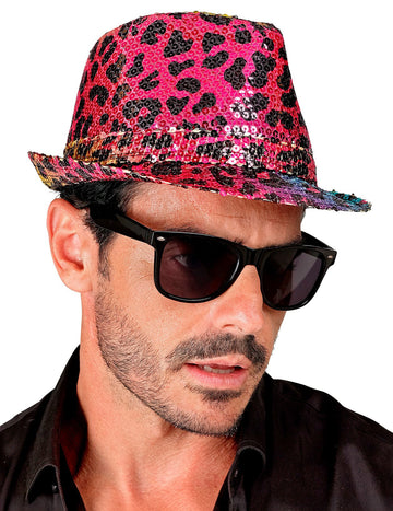 Odrasli večbarvni leopard Sequin Borsalino klobuk