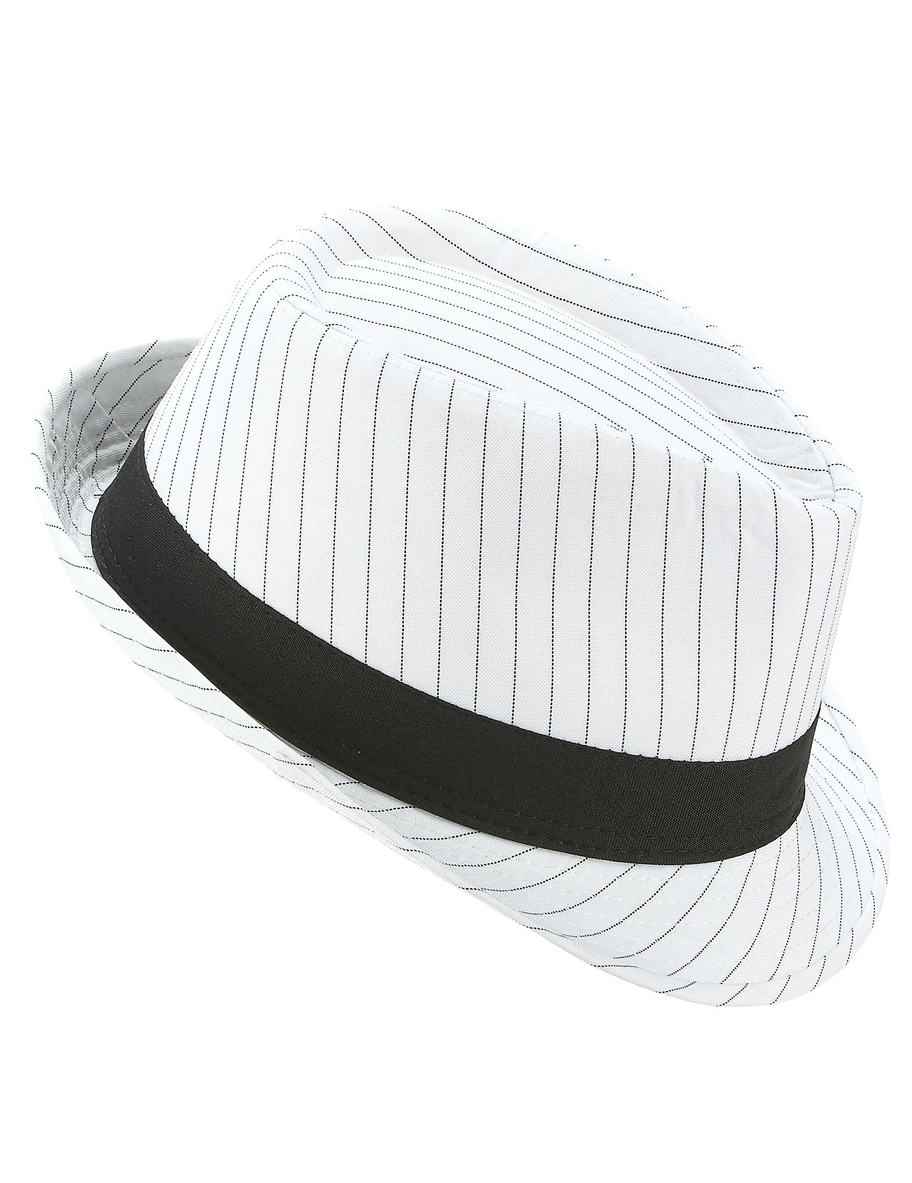 Vue de profil du chapeau borsalino blanc à rayures noires
