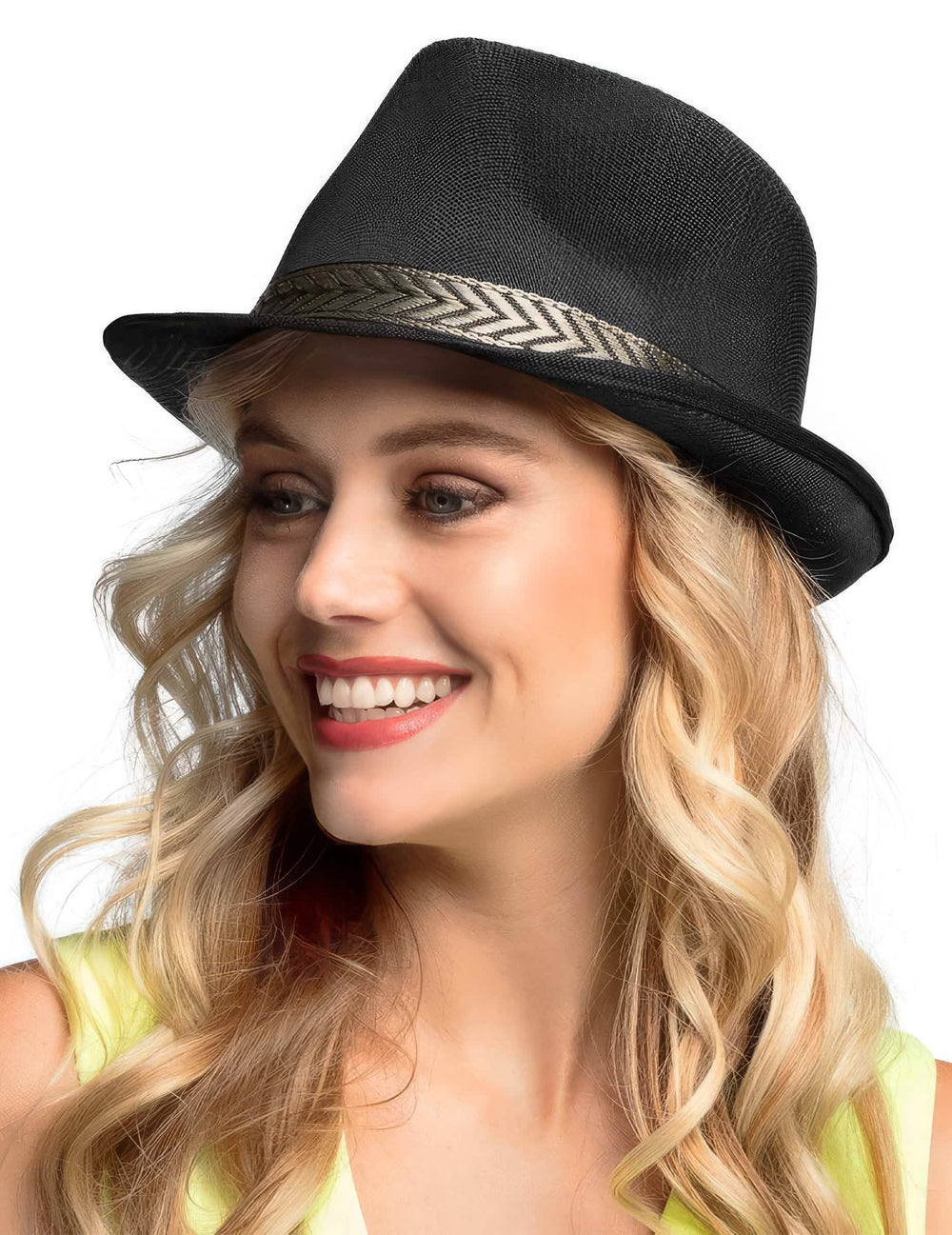 Klobuk borsalino trilby za odrasli črna z pentljo z vzorcem ribje kosti