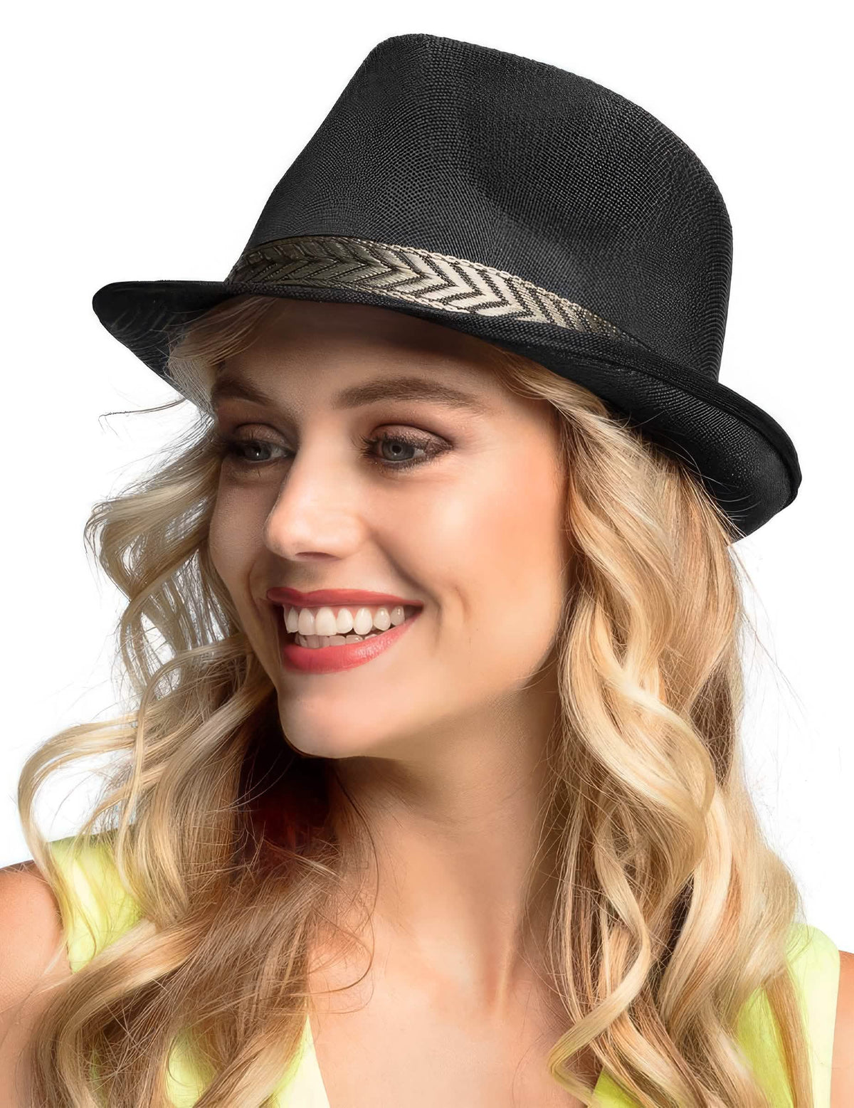 Klobuk borsalino trilby za odrasli črna z pentljo z vzorcem ribje kosti