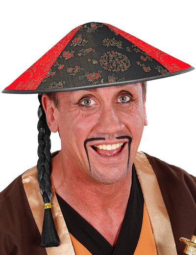 Chapeau chinois pour adulte rouge et noir avec tresse noire