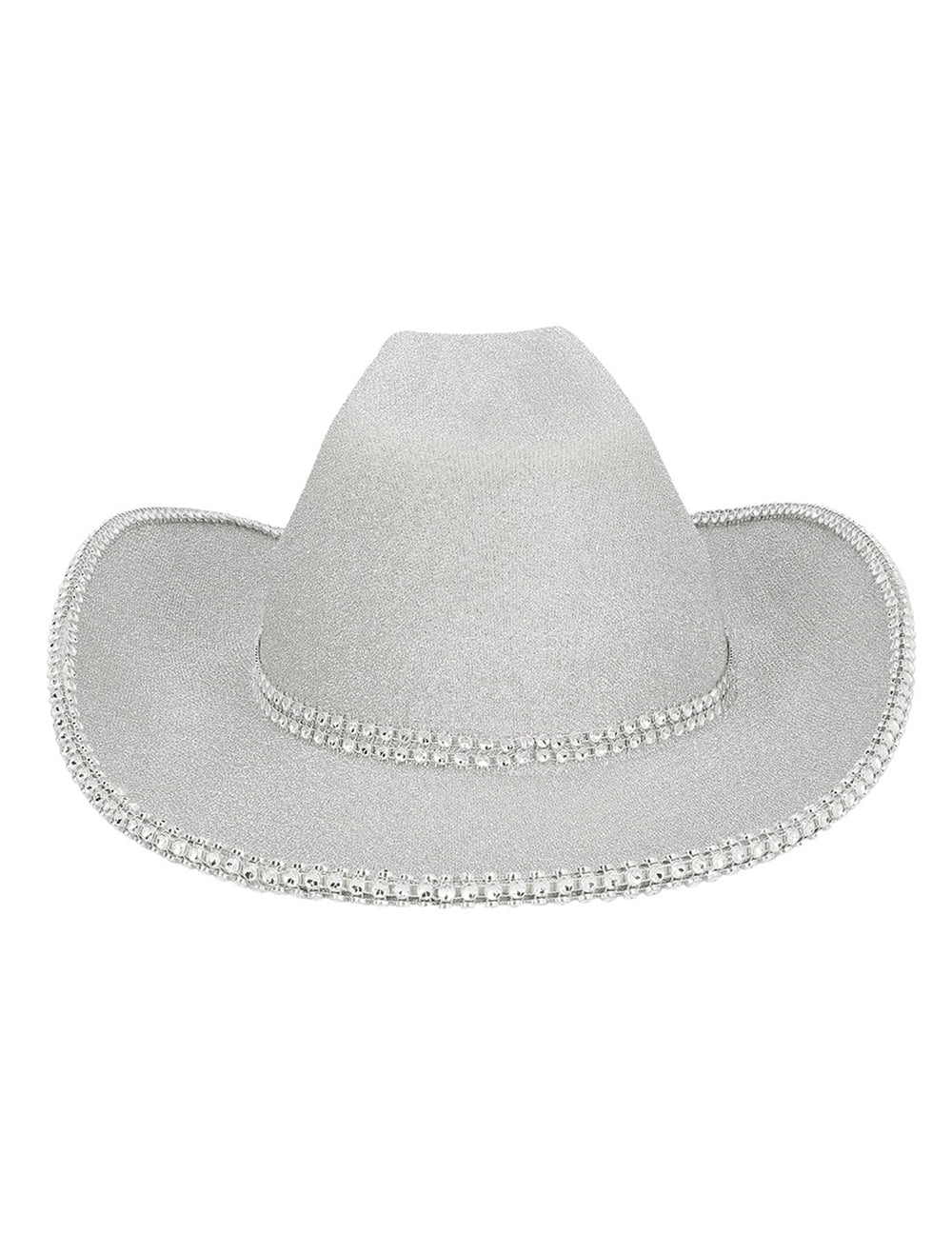 Détail des paillettes et des strass du chapeau de cowboy pour adulte à paillettes argentées