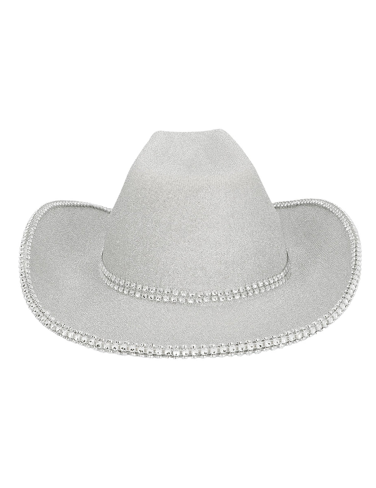 Détail des paillettes et des strass du chapeau de cowboy pour adulte à paillettes argentées