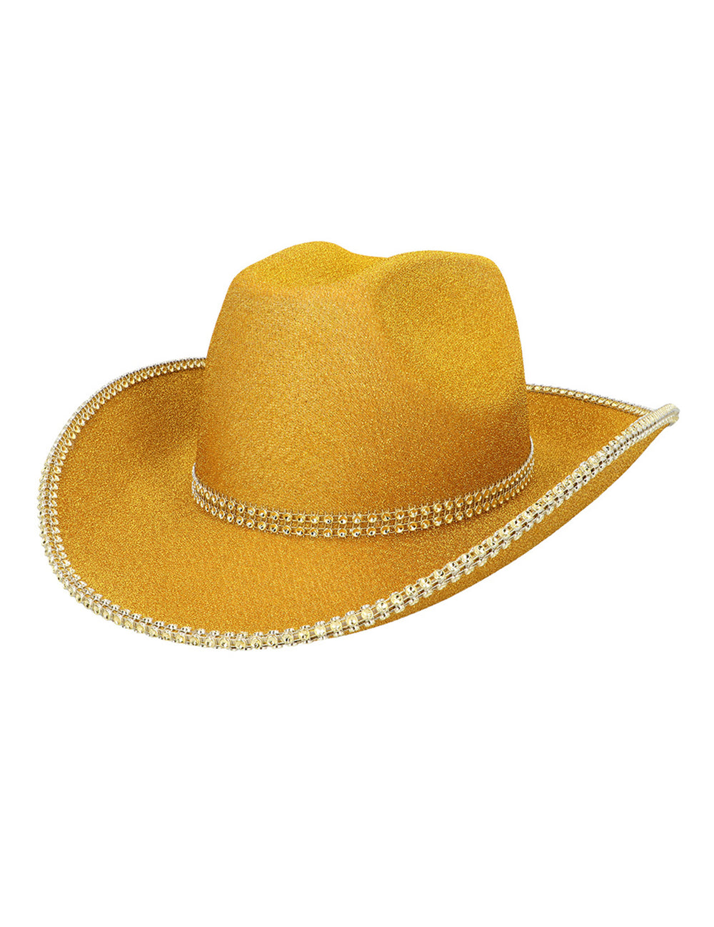 Vue de trois-quarts du chapeau cowboy à paillettes dorées