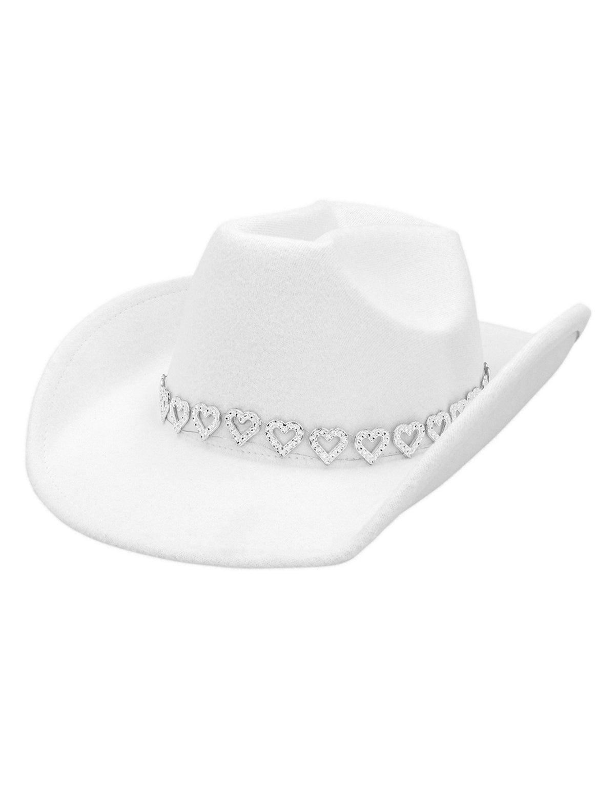Vue de profil du chapeau cowboy pour adulte blanc avec cœurs brillants