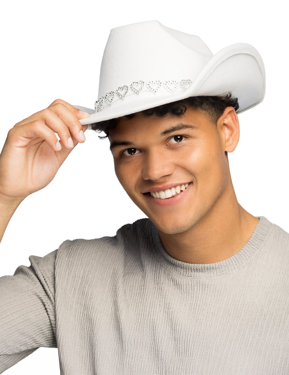 Vue de face du chapeau cowboy pour adulte blanc avec cœurs brillants