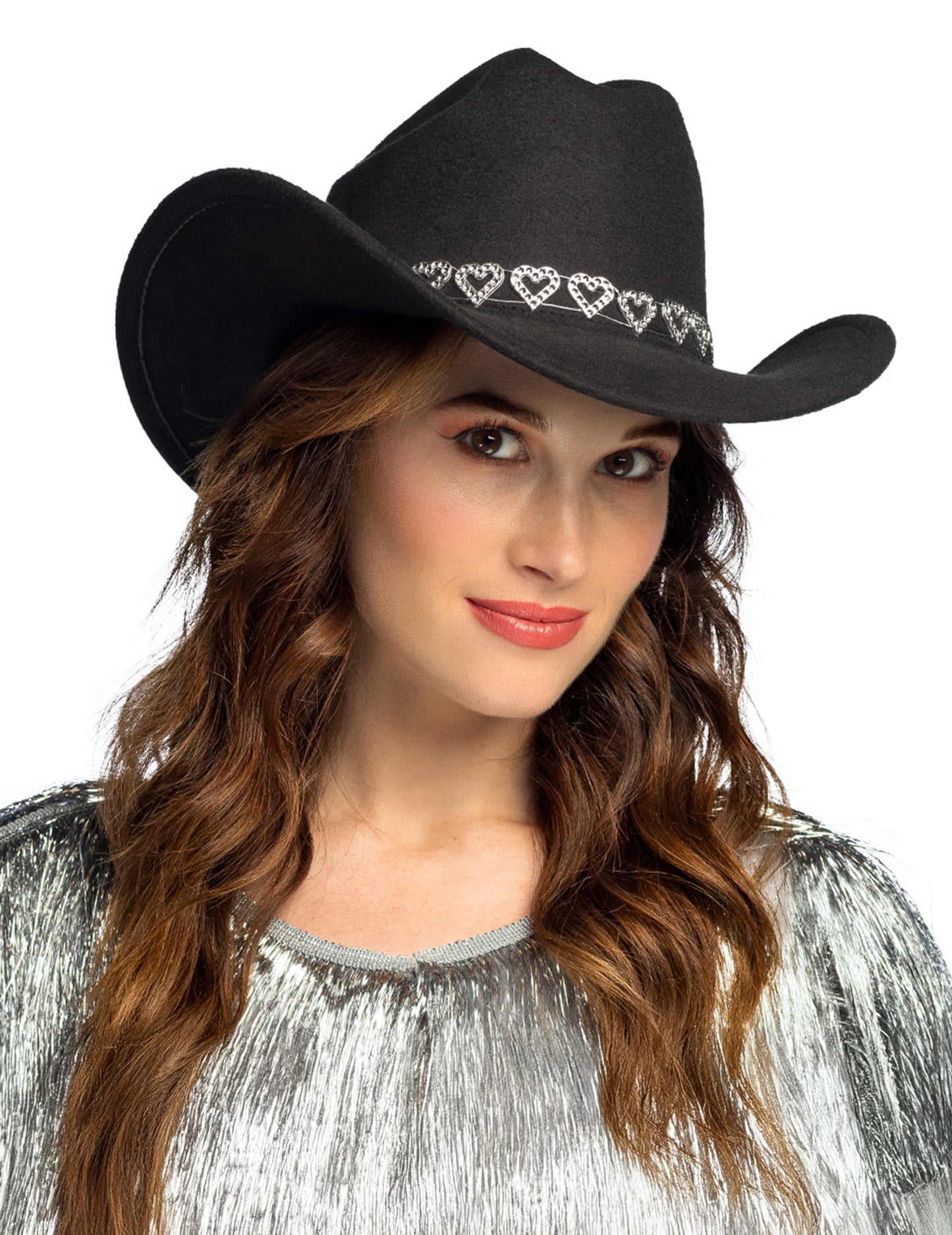 Črn kavbojski klobuk z bleščečimi srčki za odrasle 