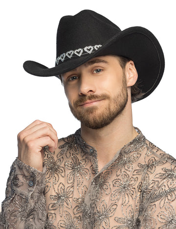 Črn kavbojski klobuk z bleščečimi srčki za odrasle 