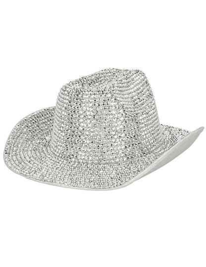 Vue de trois-quarts du chapeau de cowboy pour adulte strass argenté